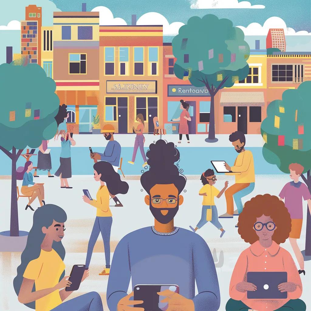 Diverse Roseville residents engaging with digital devices for targeted advertising