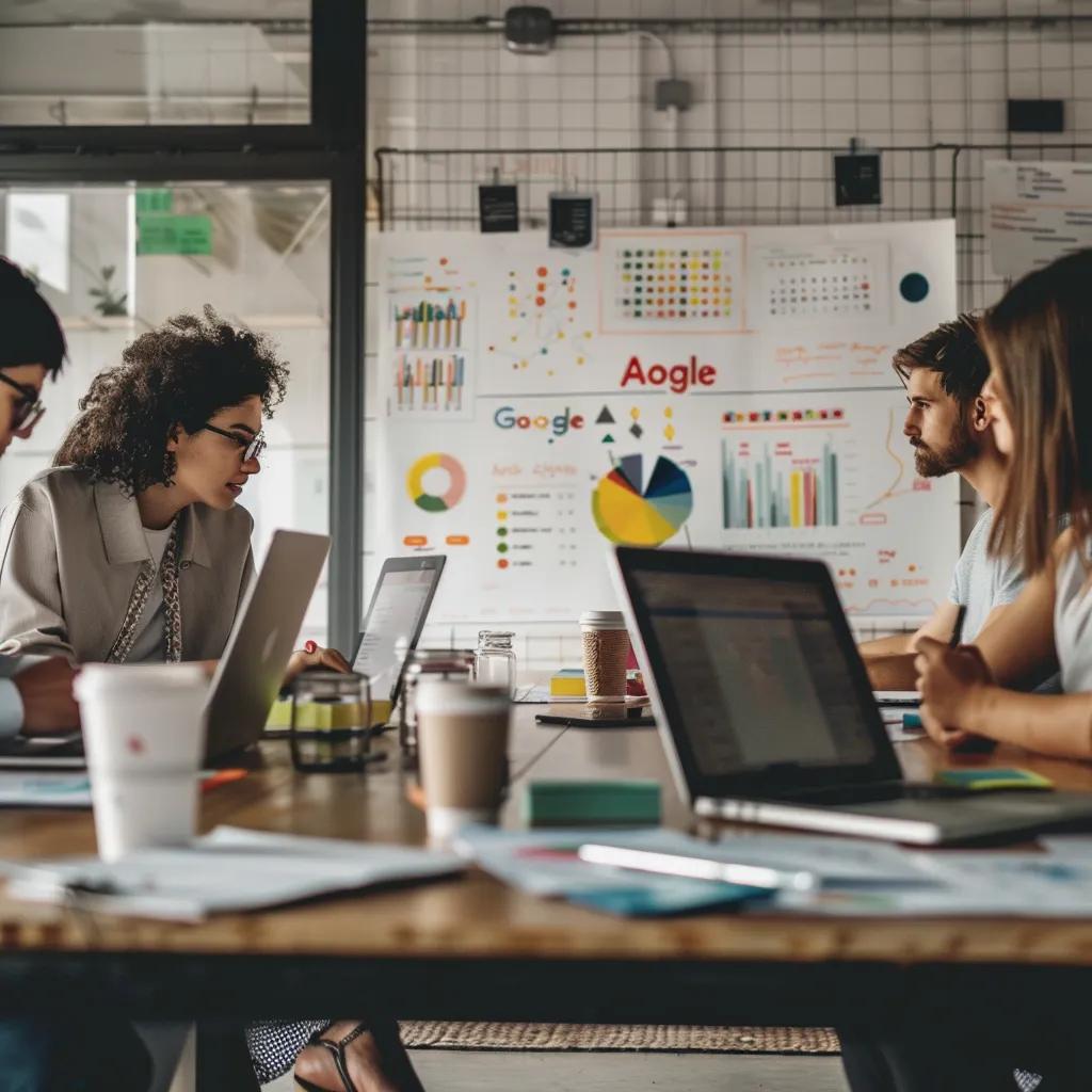 Marketing team collaborating on Google Ads strategies in a modern office