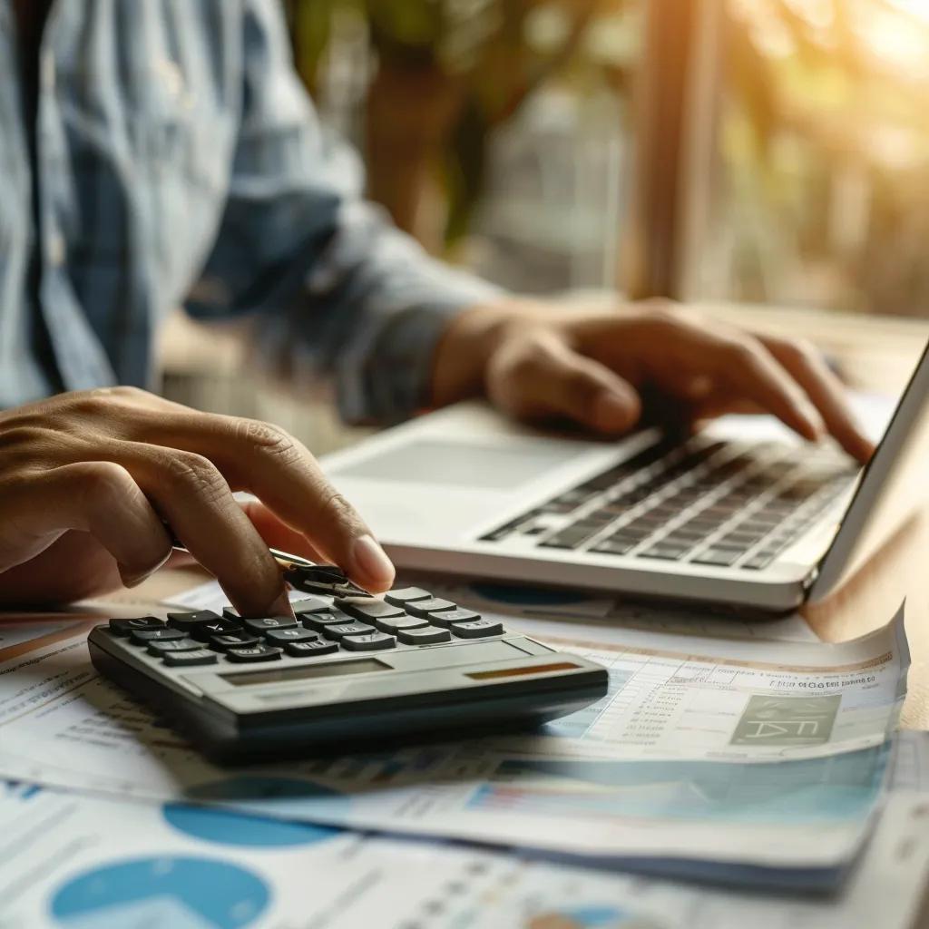 Business owner calculating Google Ads budget with financial documents