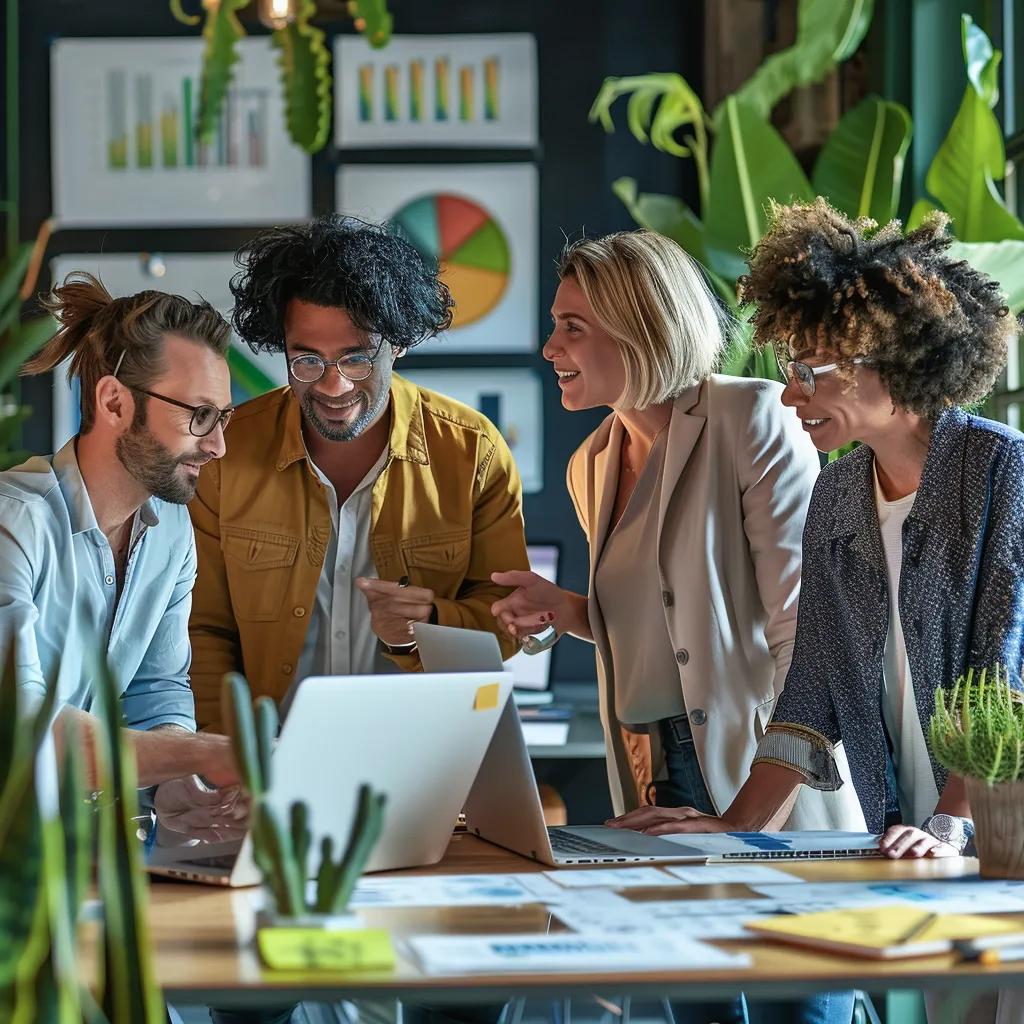 Diverse Roseville business owners collaborating on targeted advertising strategies in a modern workspace