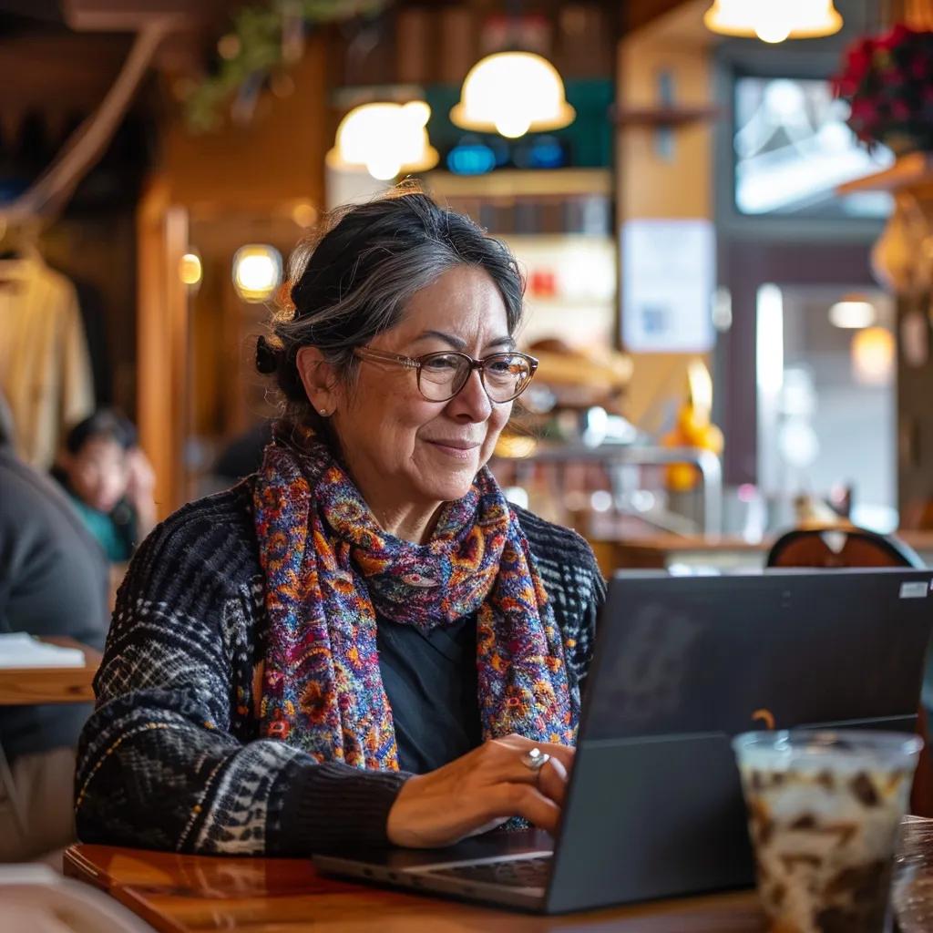 Local business owner in a café analyzing Google Ads strategies for Roseville