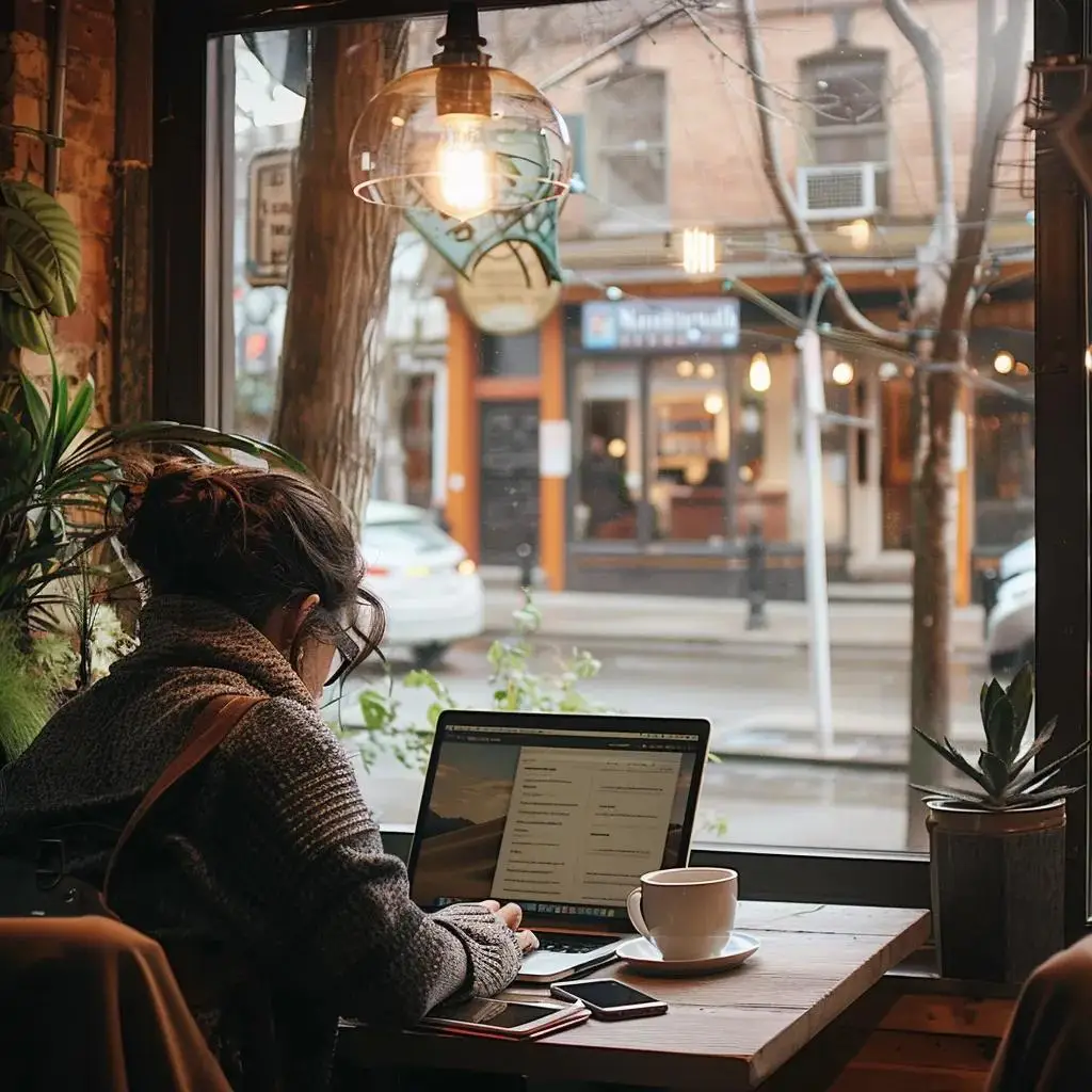 Local business owner analyzing Google Ads in a cozy Roseville office